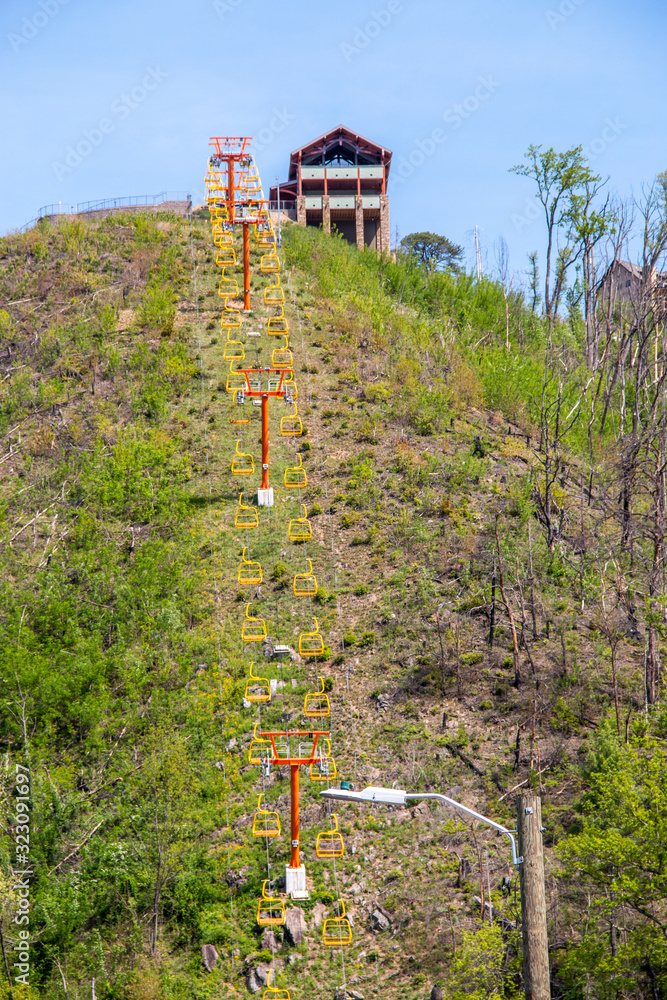 Chair lift going up a mountain in Pigeon Forge Tennessee 