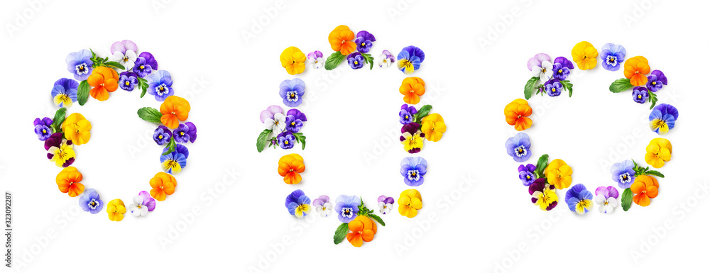 Frames with spring viola pansy flowers set