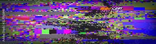 Glitch camera effect. Retro VHS background like in old video tape rewind or no signal TV screen. Vaporwave/ retrowave style vector illustration.