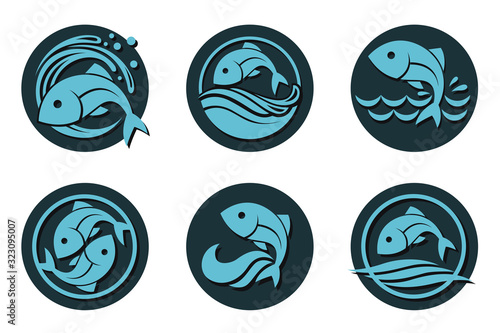 collection of fish icon with waves isolated on white background