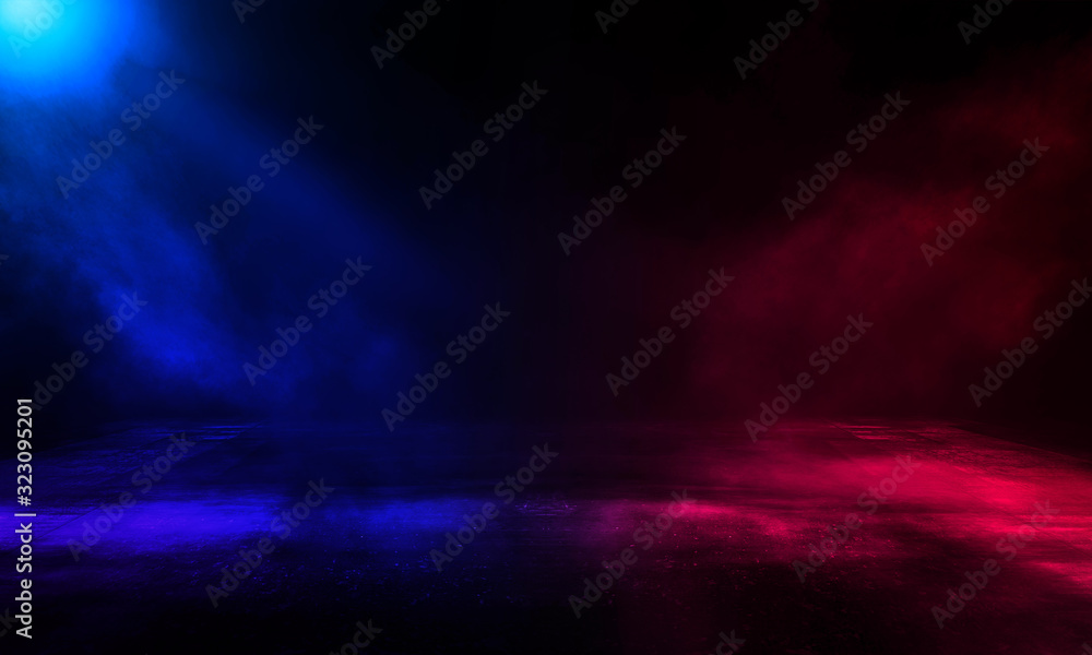 Wet asphalt, reflection of neon lights, a searchlight, smoke. Red and blue neon light. Abstract light in a dark empty street with smoke, smog. Dark background scene of empty street, night view, night 
