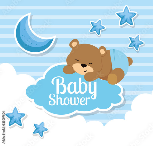 baby shower card with cute bear and decoration vector illustration design