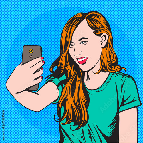 Beautiful Girls are taking selfies on smartphones. photos in social networks media. Pop Art Vector Illustration.The image is separate from the background.