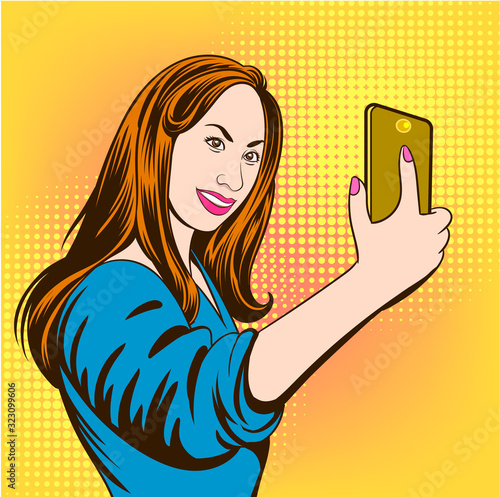 Beautiful Girls are taking selfies on smartphones. photos in social networks media. Pop Art Vector Illustration.The image is separate from the background.