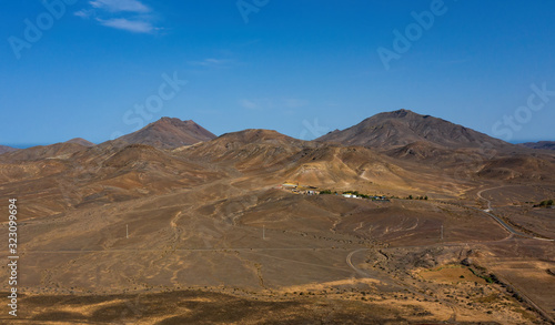 The beautiful volcanic landscape of Maxorata on the island of Fuerteventura. Canary Islands. Spain. Aerial drone view in october 2019