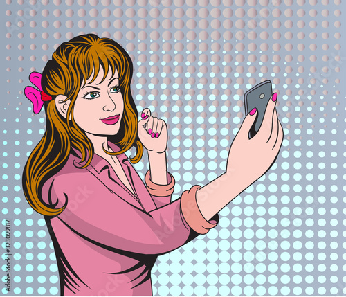 Beautiful Girls are taking selfies on smartphones. photos in social networks media. Pop Art Vector Illustration.The image is separate from the background.