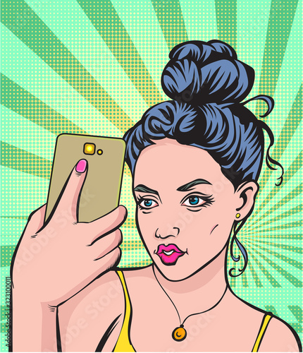 Beautiful Girls are taking selfies on smartphones. photos in social networks media. Pop Art Vector Illustration.The image is separate from the background.