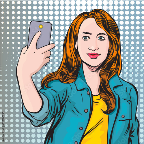 Beautiful Girls are taking selfies on smartphones. photos in social networks media. Pop Art Vector Illustration.The image is separate from the background.