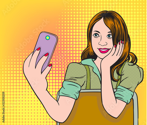 Beautiful Girls are taking selfies on smartphones. photos in social networks media. Pop Art Vector Illustration.The image is separate from the background.