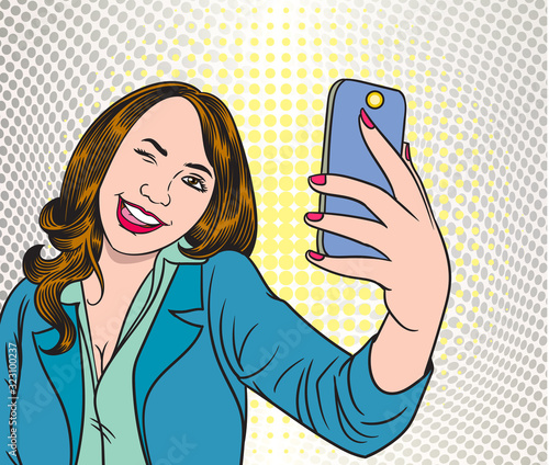 Beautiful Girls are taking selfies on smartphones. photos in social networks media. Pop Art Vector Illustration.The image is separate from the background.