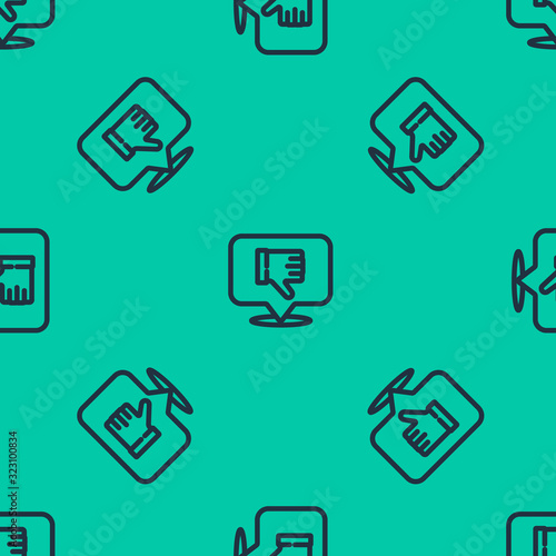 Blue line Dislike in speech bubble icon isolated seamless pattern on green background. Vector Illustration
