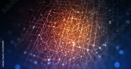 Abstract tech background made of printed circuit board. Depth of field effect and bokeh. internet connections, cloud computing and neural network, big data. 3D render