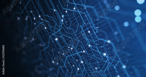 Abstract Circuit board. Electronic computer hardware technology. Motherboard digital chip. Matrix particles grid virtual reality. Network communication processor. Information CPU engineering 3D render