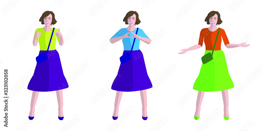 Woman in three poses. Shows hands like, heart, hands to the sides. Illustration in flat style. White isolated background.