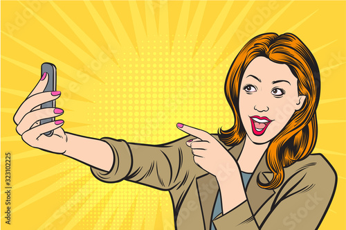 Beautiful Girls are taking selfies on smartphones. photos in social networks media. Pop Art Vector Illustration.The image is separate from the background.