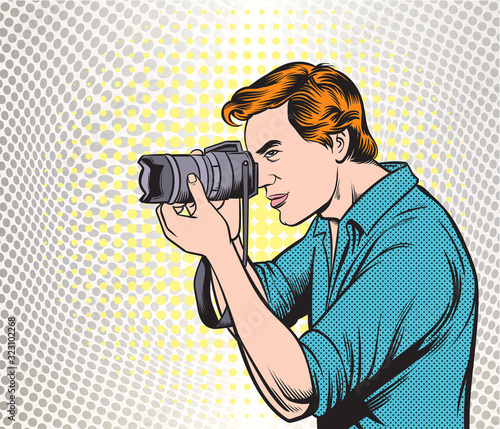 A young man using a camera to take pictures.Pop art retro comic book cartoon drawing vector illustration kitsch vintage