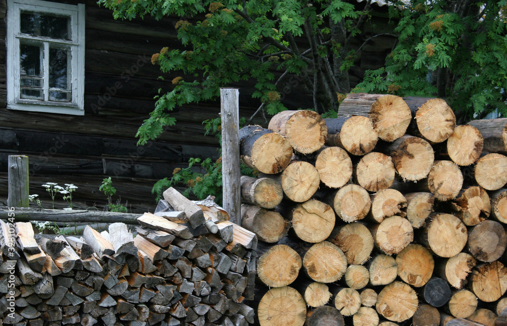 Firewood harvested for the winter is stacked near an old log house. Firewood harvested for the winter is stacked near an old log house.