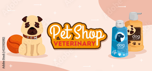 pet shop veterinary with cute dog and care bottles vector illustration design