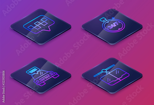 Set Isometric line Map pointer with taxi, Taxi car, Stopwatch 24 hours and Cable car. Blue square button. Vector