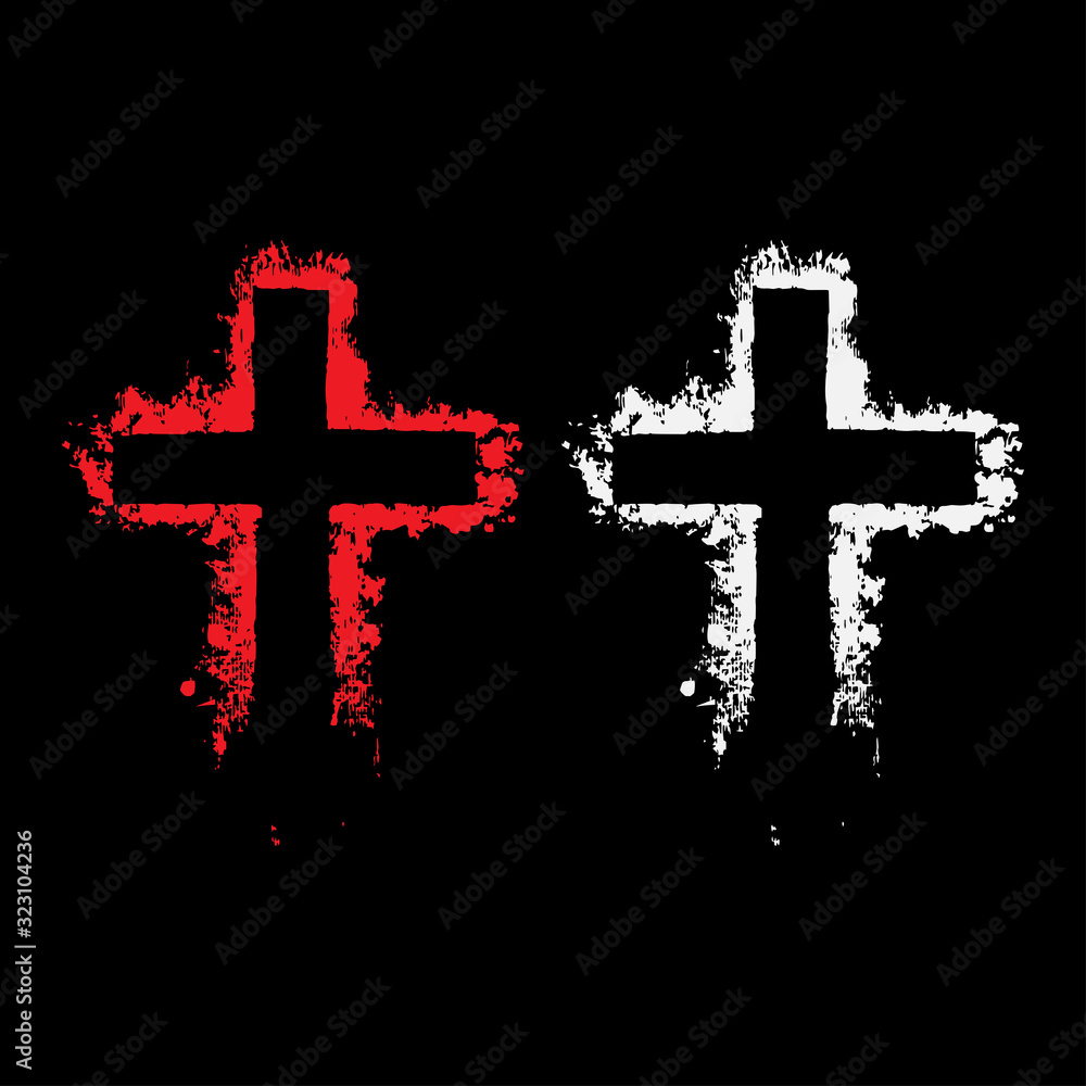 Vector christian cross symbol. Grunge illustration with tattoo styled blackwork technique.Red