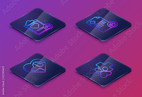 Set Isometric line Clipboard with medical clinical record pet, Heart with dog, Clipboard with medical clinical record pet and Veterinary clinic symbol. Blue square button. Vector