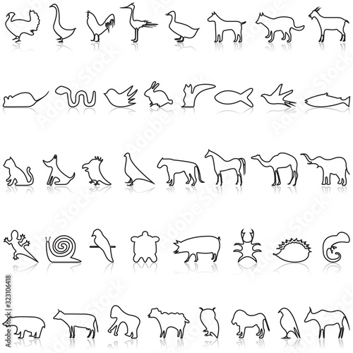 Animals side view line icons set