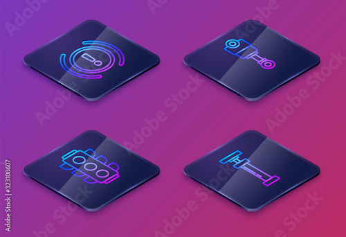 Set Isometric line Brake system warning, Traffic light, Engine piston and Car air pump. Blue square button. Vector