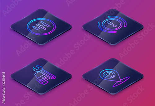 Set Isometric line Gear shifter, Car service, Brake system warning and Car service. Blue square button. Vector