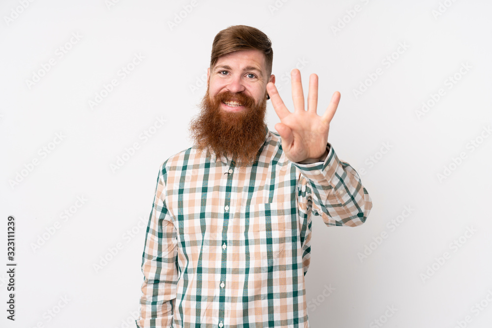Redhead man with long beard over isolated white background happy and counting four with fingers Redhead man with long beard over isolated white background happy and counting four with fingers