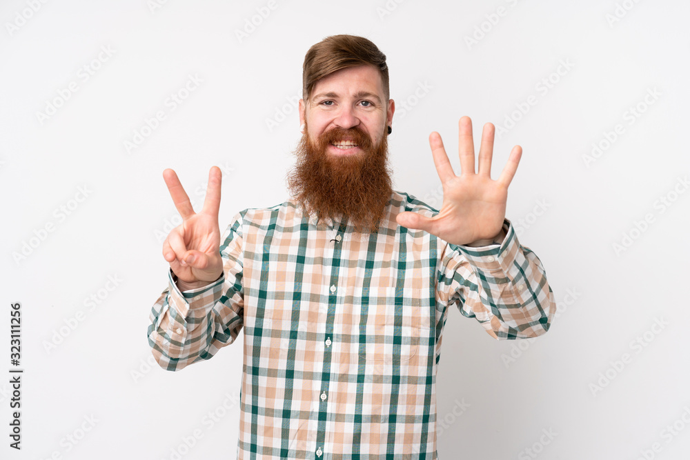 Redhead man with long beard over isolated white background counting seven with fingers Redhead man with long beard over isolated white background counting seven with fingers
