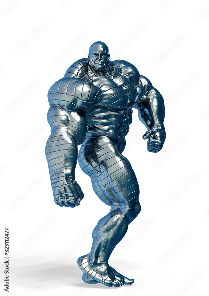 man made of steel doing a bodybuilder pose number ten in a white background man made of steel doing a bodybuilder pose number ten in a white background