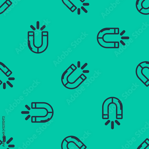 Blue line Magnet icon isolated seamless pattern on green background. Horseshoe magnet, magnetism, magnetize, attraction. Vector Illustration