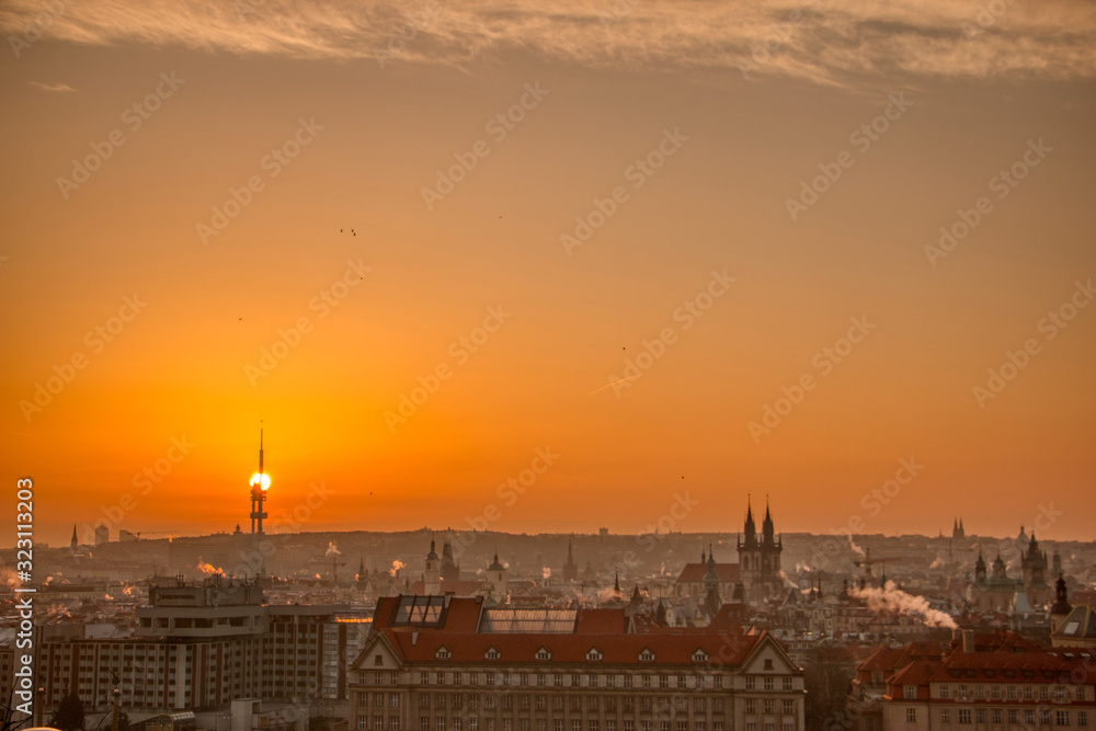 Naklejka premium prague tv tower at sunrise wirh roofs and birds flying