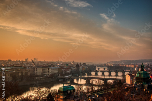 Prague bridges panorama during mist morning