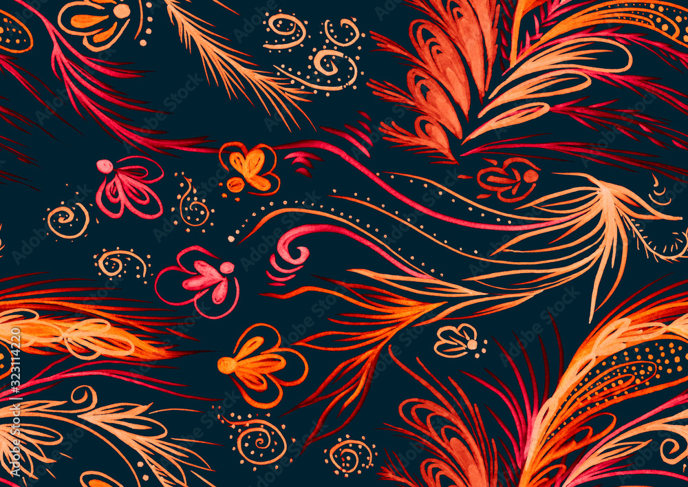 A seamless pattern of ethnic flowers, leaves, feathers and curls. A seamless pattern of ethnic flowers, leaves, feathers and curls.
