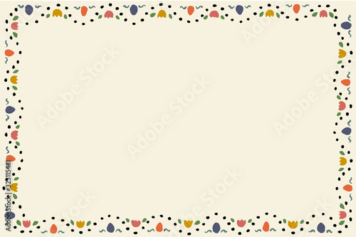 Delicate easter frame for a postcard or greeting card, in folk style illustration. Light background with vintage colors