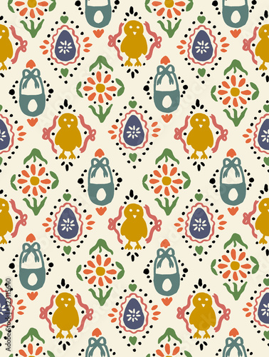 Easter seamless pattern in folk vintage style illustration. Traditional repeat surface pattern with spring florals, rabbits, ribbons, baskets and easter eggs in a cute, sweet style