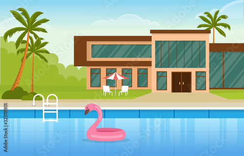 Modern House Villa Exterior with Swimming Pool at Backyard Illustration