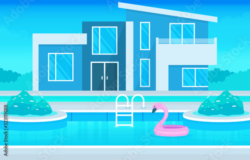 Modern House Villa Exterior with Swimming Pool at Backyard Illustration