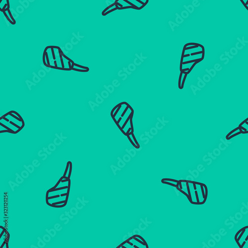 Blue line Rib eye steak icon isolated seamless pattern on green background. Steak tomahawk. Piece of meat. Vector Illustration