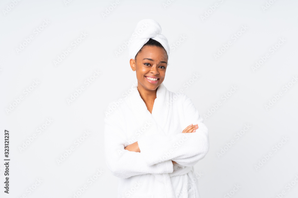 African american woman in a bathrobe over isolated background laughing African american woman in a bathrobe over isolated background laughing