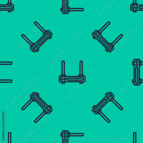 Blue line Router and wi-fi signal symbol icon isolated seamless pattern on green background. Wireless ethernet modem router. Computer technology internet. Vector Illustration