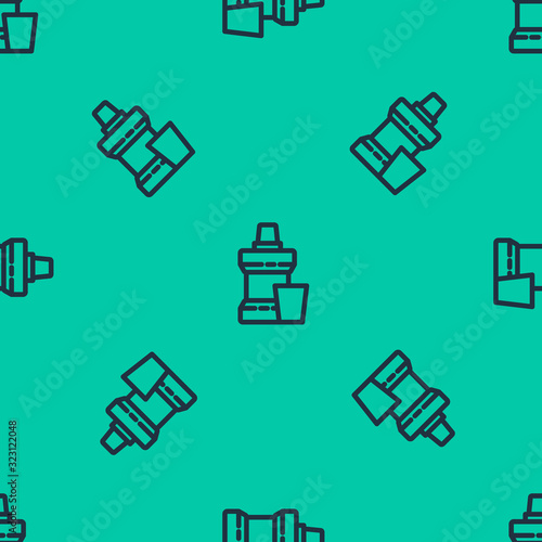 Blue line Mouthwash plastic bottle and glass icon isolated seamless pattern on green background. Liquid for rinsing mouth. Oralcare equipment. Vector Illustration