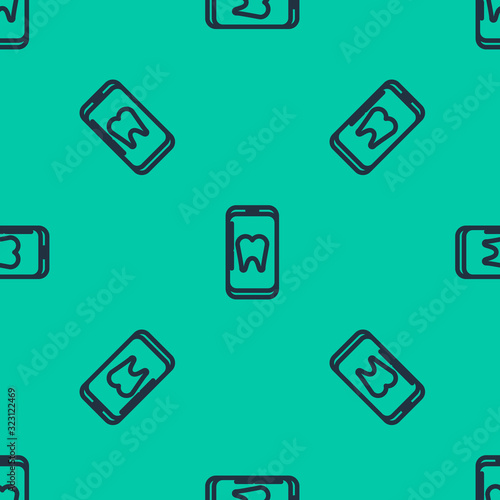 Blue line Online dental care icon isolated seamless pattern on green background. Dental service information call center. Vector Illustration