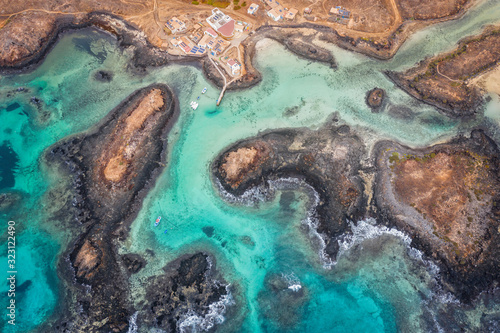 Aerial view of the coast of the island of Lobos, off the island of Fuerteventura in the Canary Islands in october 2019