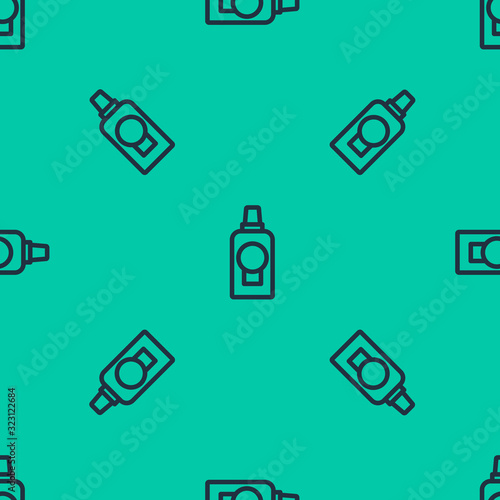 Blue line Mouthwash plastic bottle icon isolated seamless pattern on green background. Liquid for rinsing mouth. Oralcare equipment. Vector Illustration