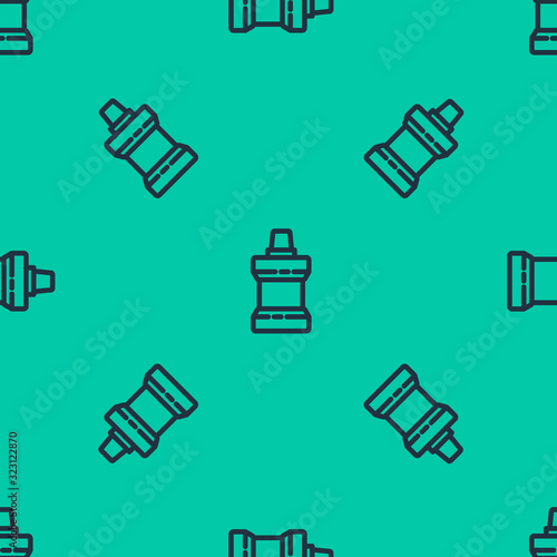 Blue line Mouthwash plastic bottle icon isolated seamless pattern on green background. Liquid for rinsing mouth. Oralcare equipment. Vector Illustration