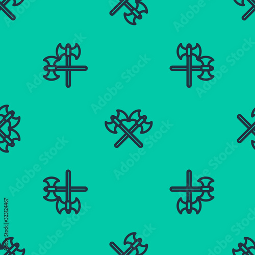 Blue line Crossed medieval axes icon isolated seamless pattern on green background. Battle axe, executioner axe. Vector Illustration