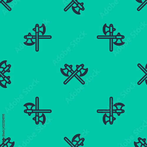 Blue line Crossed medieval axes icon isolated seamless pattern on green background. Battle axe, executioner axe. Vector Illustration