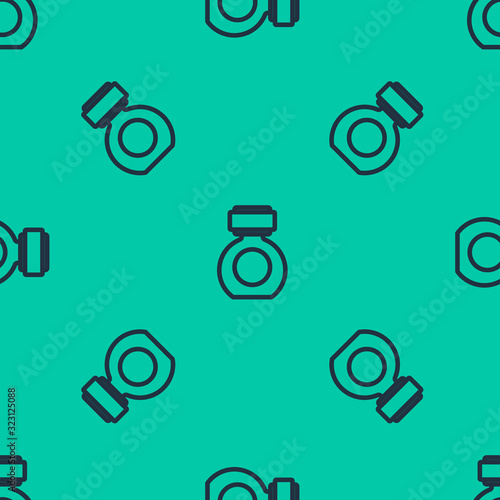 Blue line Aftershave icon isolated seamless pattern on green background. Cologne spray icon. Male perfume bottle. Vector Illustration